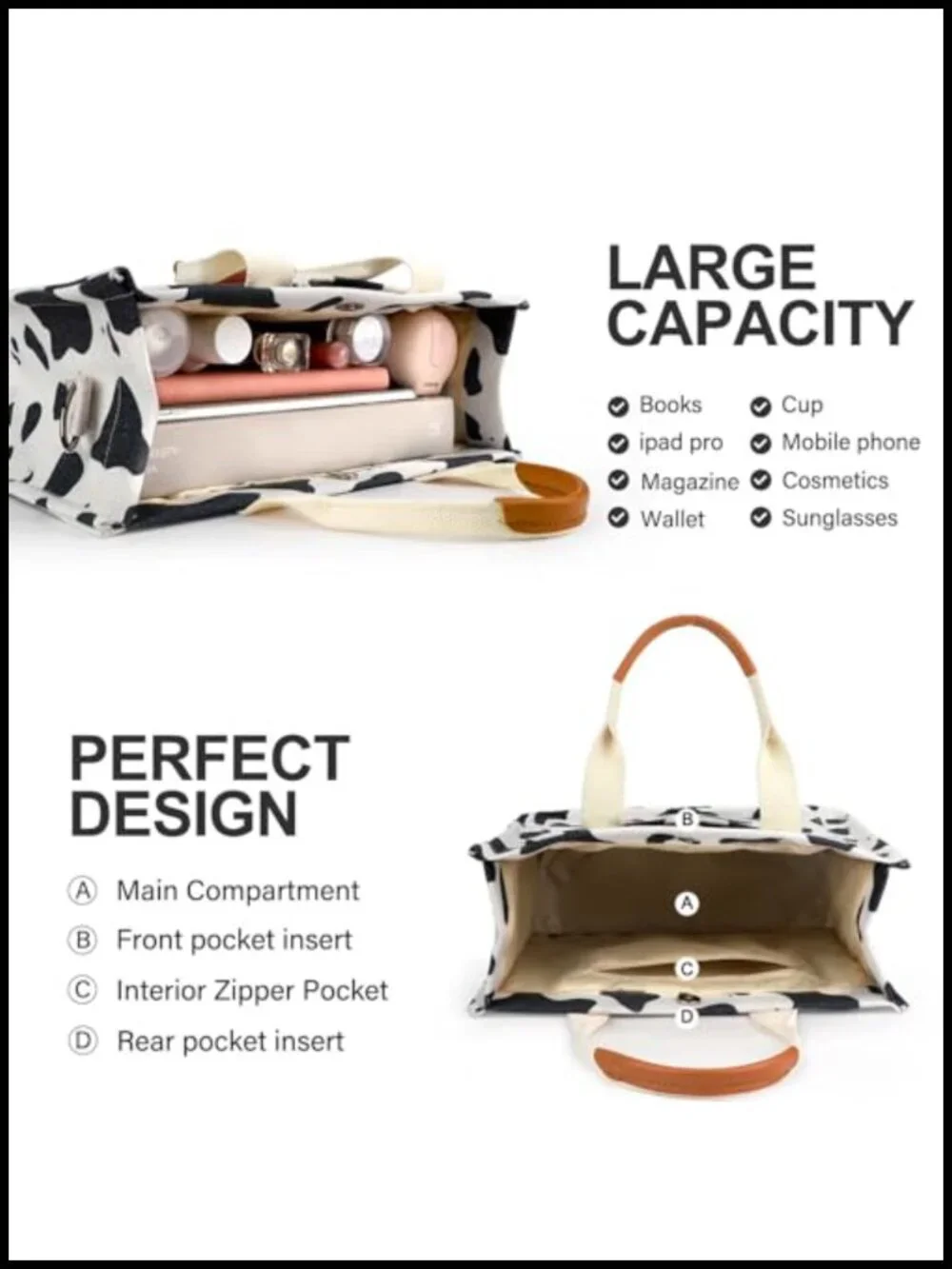 Canvas Tote Bag with Pockets Crossbody Shoulder Handbag Large Capacity Work Bag